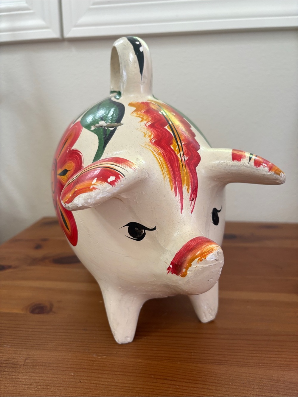 Vintage Hand-Painted White Ceramic Floral Piggy Bank Red Flowers Made in Mexico